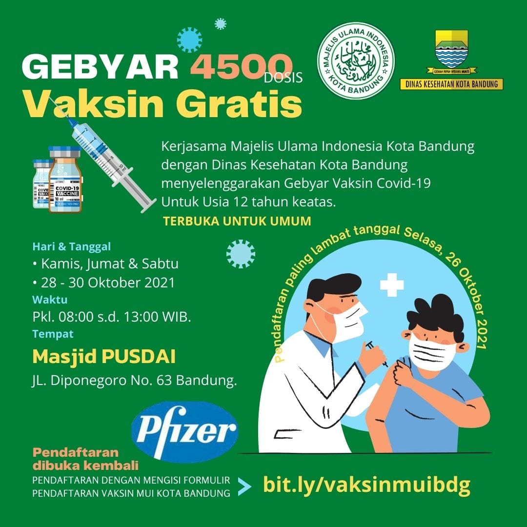 Majelis Ulama Indonesia Kota Bandung akan mengadakan Vaksinasi Covid – 19 sebanyak 5000 Dosis Pfizer